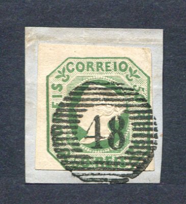 1853 - Afinsa nº 3. D. Maria II. Selo de 50 reis usado. Boas margens. Em boas condições. EXEMPLAR NORMAL. Sobre FRAGMENTO. Precursor dos Açores - Carimbo 48 - Angra do Heroísmo (1ª reforma).