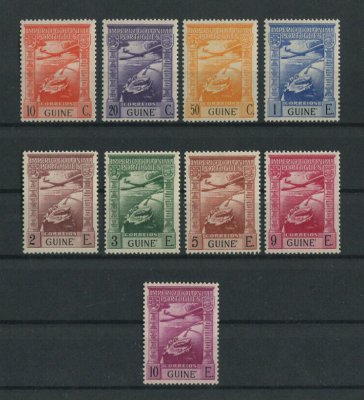 1938 - Correio Aéreo. Afinsa nº 1/9. Império Colonial Português. Série completa nova SEM CHARNEIRA (**) e com goma original. Em boas condições.