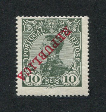1910 - Afinsa nº 172. D. Manuel II com sobrecarga República. Selo de 10r novo SEM CHARNEIRA (**) e com goma original. SOBRECARGA INVERTIDA. Em boas condições.