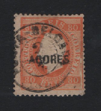 1871/76 - Afinsa nº 21. D. Luis I. Fita direita. Selo de 80 reis usado. Denteado 12 1/2. Pequena transparência.