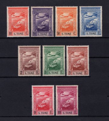 1938 - Correio Aéreo. Afinsa nº 1/9. Império Colonial. Legenda S.Tomé. Série completa nova, SEM GOMA. Em boas condições.