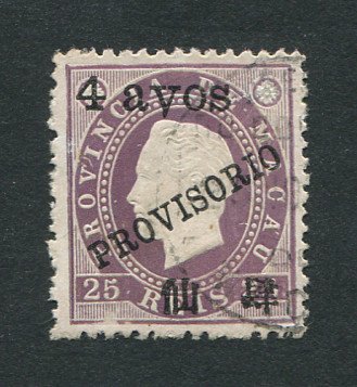 1894 - Afinsa nº 62b. D. Luis I com sobrecarga. Selo de 4a/25r usado. ''AYO'' em vez de ''AVO''. Em boas condições.