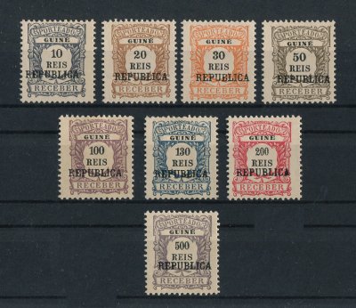 1919 - Porteado. Afinsa nº 21/28. Com sobrecarga local REPUBLICA. Série completa, nova sem goma como emitidos. Em boas condições.