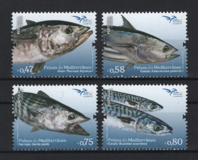 2016 - Afinsa nº 4712/4715. EUROMED POSTAL - Peixes do Mediterrâneo (2º grupo). Série completa nova sem charneira. Goma original. Em boas condições.