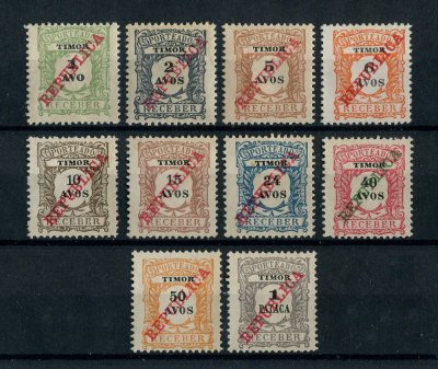 1911 - Porteado. Afinsa nº 11/20. Emissão regular com sobrecarga REPUBLICA. Série completa, nova sem goma como emitidos. Em boas condições.