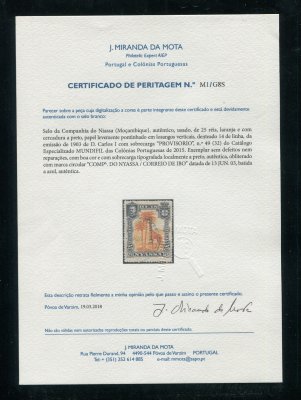 1903 - Afinsa nº 49. D. Carlos I com sobrecarga local ''PROVISORIO''. Selo de 25 reis usado. Com CERTIFICADO DE PERITAGEM. Em boas condições.