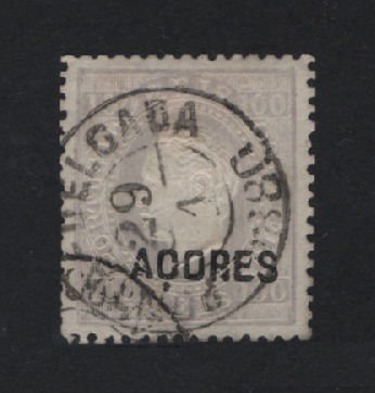 1871/76 - Afinsa nº 22. D. Luis I. Fita direita. Selo de 100 reis usado. Denteado 12 1/2. Tem o denteado ligeiramente irregular.