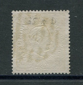 1870/6 - Afinsa nº 37E. D. Luis I, fita direita. Selo de 10 reis usado. Papel liso, DENTEADO 14. Em boas condições.