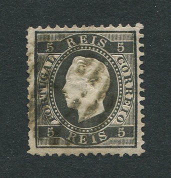 1870/6 - Afinsa nº 36X. D. Luis I, fita direita. Selo de 5 reis usado. Papel liso, denteado 11 1/2. Com CERTIFICADO DE PERITAGEM (CERTIFICATE). Em boas condições.