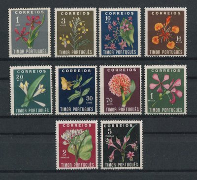 1950 - Afinsa nº 275/284. Flores Locais. Série completa nova SEM CHARNEIRA (**) e com goma original. Em boas condições.