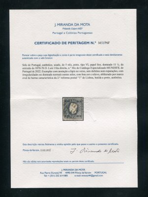 1870/6 - Afinsa nº 36X. D. Luis I, fita direita. Selo de 5 reis usado. Papel liso, denteado 11 1/2. Com CERTIFICADO DE PERITAGEM (CERTIFICATE). Em boas condições.