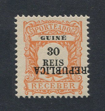 1919 - Porteado com sobrecarga local REPUBLICA. Afinsa nº 23. Selo de 30 reis novo sem goma como emitido. SOBRECARGA INVERTIDA. Em boas condições.