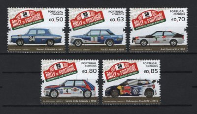 2017 - Afinsa nº 4837/4841. Rally de Portugal - 50 Anos. Série nova sem charneira. Goma Original. Em boas condições.
