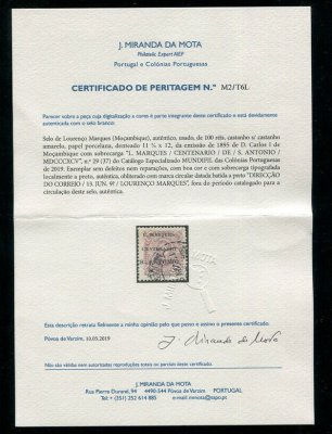 1895 - Afinsa nº 29. D. Carlos com sobrecarga "CENTENARIO DE S. ANTONIO". Selo de 100 reis usado. Com CERTIFICADO DE PERITAGEM (CERTIFICATE). Em boas condições.