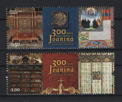 2017 - Afinsa nº 4910/4911. 300 Anos da Biblioteca Joanina da Universidade de Coimbra. Série nova sem charneira. Goma Original. Em boas condições.