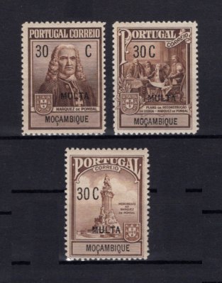 1925 - Imposto Postal Porteado nº 1/3. Marquês de Pombal com sobrecarga MULTA. Série completa nova SEM CHARNEIRA (**) e com goma original. (a goma nestes selos é sempre um pouco amarela e irregular mas é normal, foram emitidos assim mesmo). Em boas condiç