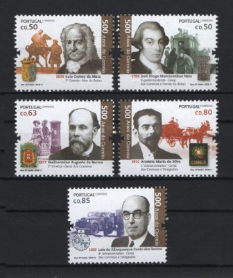 2017 - Afinsa nº 4912/4916. 500 Anos do Correio em Portugal - Personalidades da Historia dos Correios (2º grupo). Série nova sem charneira. Goma Original. Em boas condições.