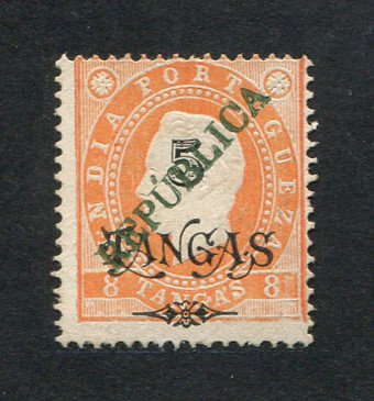 1914 - Afinsa nº 283b. D. Luis I com sobretaxa e sobrecarga local REPUBLICA. Selo de 5T/8T novo sem goma como emitido. SOBRECARGA VERDE, denteado 13 1/2. Em boas condições.