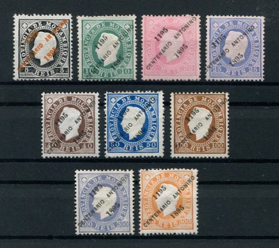 1895 - Afinsa nº  41/49. D. Luis I com sobrecarga ''Cent. Antonino''. Série completa nova sem goma como emitidos. Todos em denteado 12 1/2. Em boas condições.
