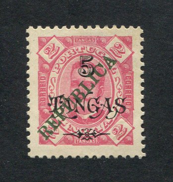 1914 - Afinsa nº 284. D. Carlos I com sobretaxa e sobrecarga local REPUBLICA. Selo de 5T/2T novo sem goma como emitido. Em boas condições.