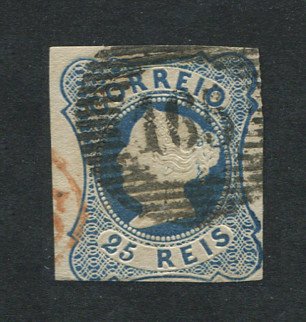 1853 - Afinsa nº 2. D. Maria II.Selo de 25 reis, usado. Margens pequenas. Em boas condições. Com carimbo nº 165 - Elvas. EXEMPLAR DE 2ª ESCOLHA.