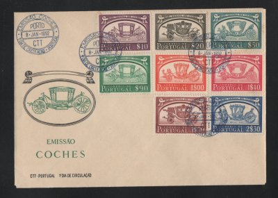 1952 - FDC Afinsa nº 741/748. Museu Nacional dos Coches. Carimbo do Porto. Em boas condições.