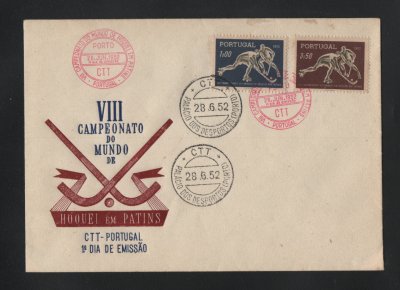 1952 - FDC Afinsa nº 751/752.  8º Campeonato do Mundo de Hóquei em Patins. Carimbo do Porto. Em boas condições.