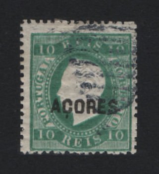 1879 - Afinsa nº 29. D. Luis I. Fita direita, novas cores. Selo de 10 reis usado. VERDE AZUL. Denteado 12 1/2. Em boas condições.