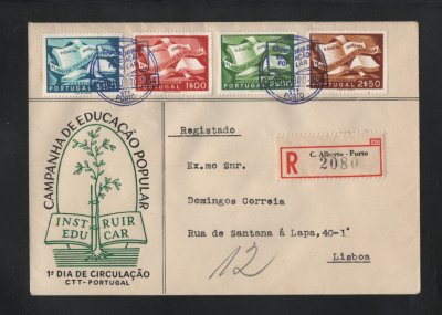 1954 - FDC Afinsa nº 796/799. Educação Popular. Carimbo do Porto. Foi CIRCULADO. Em boas condições.