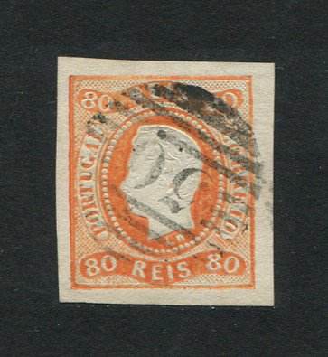 1866/7 - Afinsa nº 24. D. Luís I, fita curva. EXEMPLAR DE LUXO. Selo de 80 reis usado. Boas margens. Precursor dos Açores - Carimbo 50 - Ponta Delgada. Em boas condições.
