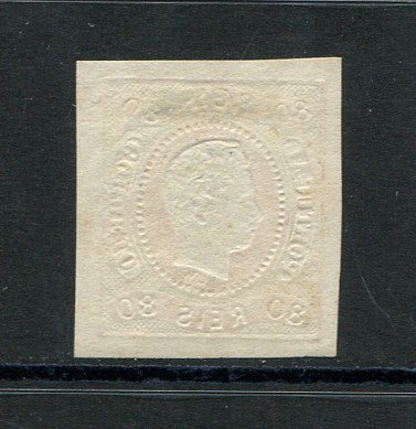 1866/7 - Afinsa nº 24. D. Luís I, fita curva. EXEMPLAR DE LUXO. Selo de 80 reis usado. Boas margens. Precursor dos Açores - Carimbo 50 - Ponta Delgada. Em boas condições.