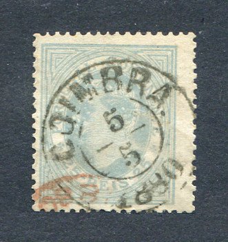 1880/81 - Afinsa nº 53A. D. Luis I, de perfil. Selo de 25 reis usado. Papel liso, denteado 13 1/2. Carimbo de Coimbra. Em boas condições.