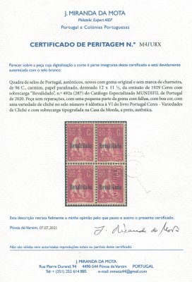 1929 - Afinsa nº 492a. Ceres. Selos de 96c EM QUADRA. Novos SEM CHARNEIRA (*) e goma original. Papel PARAFINADO, denteado 12x11 1/2. Com CERTIFICADO DE PERITAGEM (CERTIFICATE). (LER DESCRIÇÃO)