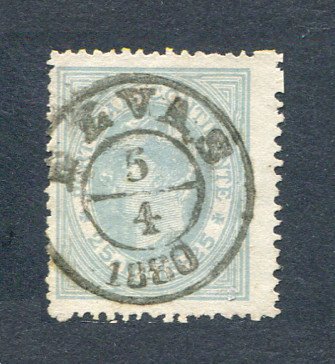 1880/81 - Afinsa nº 53A. D. Luis I, de perfil. Selo de 25 reis usado. Papel liso, denteado 13 1/2. Carimbo de Elvas. Em boas condições.