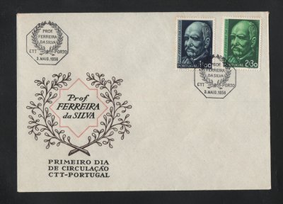 1956 - FDC Afinsa nº 819/820. Dr. Ferreira da Silva - Químico. Carimbo do Porto. Em boas condições.