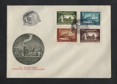 1956 - FDC Afinsa nº 821/824. Caminhos de Ferro. Carimbo do Porto. Em boas condições.