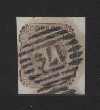 1855/56 - Afinsa nº 9. D. Pedro V, cabelos lisos. Selo de 100 reis usado. Boas margens. Carimbo 176 - Vila Real. Em boas condições. EXEMPLAR NORMAL.