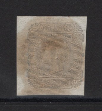 1855/56 - Afinsa nº 9. D. Pedro V, cabelos lisos. Selo de 100 reis usado. Boas margens. Carimbo 176 - Vila Real. Em boas condições. EXEMPLAR NORMAL.