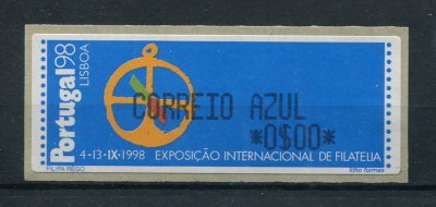 1997 - #14a - CORREIO AZUL - Portugal 98 - ERRO, TAXA ZERO. Nova. Autoadesiva. Em boas condições.