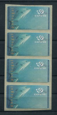 1998 - #15 - EXPO 98. SMD. ERRO, OMISSÃO DE TAXA. EM TIRA DE 4. Nova. Autoadesiva. Em boas condições.