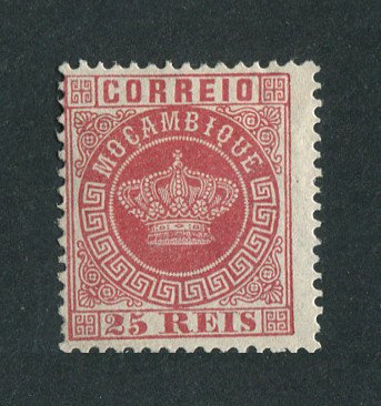 1876 - Afinsa nº 4. Tipo Coroa. Selo de 25 reis novo, SEM GOMA. CARMIM ROSA. Denteado 12 1/2. Em boas condições.