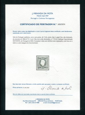 1866/7 - Afinsa nº 19 (novo). D. Luís I, fita curva. Selo de 5 reis NOVO SEM GOMA. Boas margens. Com CERTIFICADO DE PERITAGEM (CERTIFICATE). EXEMPLAR NORMAL.