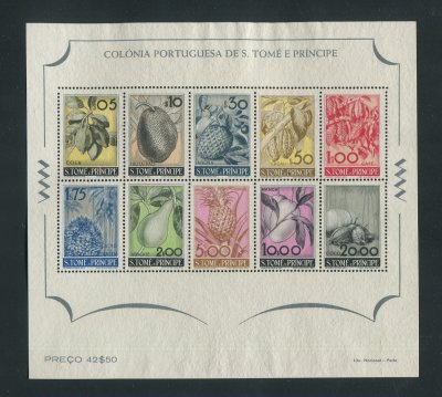 1948 - Bloco nº 1. Frutos de S. Tomé e Principe. Novo, SEM GOMA. Em boas condições.