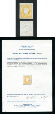 1866/7 - Afinsa nº 20 (novo). D. Luís I, fita curva. Selo de 10 reis NOVO, SEM GOMA. Boas margens. Em boas condições. EXEMPLAR DE LUXO. Com CERTIFICADO DE PERITAGEM.