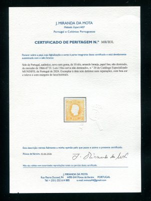 1866/7 - Afinsa nº 20 (novo). D. Luís I, fita curva. Selo de 10 reis NOVO, SEM GOMA. Boas margens. Em boas condições. EXEMPLAR DE LUXO. Com CERTIFICADO DE PERITAGEM.