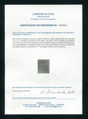 1877 - Afinsa nº 46. Nativos. Tipo IIIB. Selo de 600 reis USADO. Com CERTIFICADO DE PERITAGEM. Em boas condições.