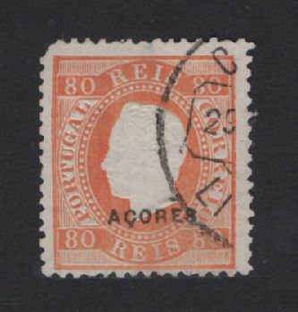 1882 - Afinsa nº 41. D. Luis I Fita direita. Selo de 80 reis usado. Papel liso, 12 1/2. Tem um canto curto.