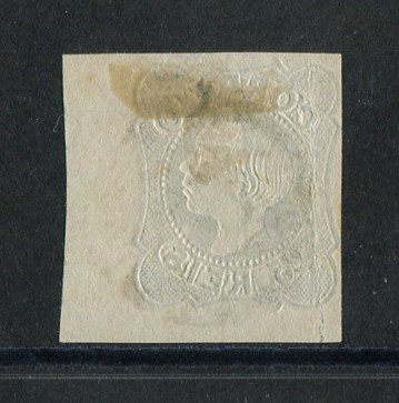 1855/56 - Afinsa nº 6. D. Pedro V, cabelos lisos.Selo de 25 reis usado. Boas margens. Apresenta uma pequena transparência e um vinco. EXEMPLAR DE 2ª ESCOLHA.