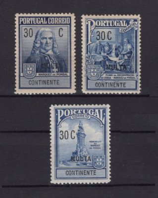 Imposto Postal Porteado - 1925 - Afinsa nº 2/4. Marquês de Pombal (MULTA). Série completa nova SEM CHARNEIRA (**) e com goma original. (a goma nestes selos é sempre um pouco amarela e irregular mas é normal, foram emitidos assim mesmo). Em boas condições.