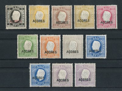 1871 - Afinsa nº  16/27. D. Luis I, fita direita. Reimpressões de 1885. Série completa sem goma como emitidos. Todos em denteado 13 1/2. Em boas condições.